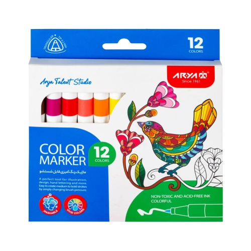 ماژیک قابل شست و شو 12 رنگ مقوایی آریا